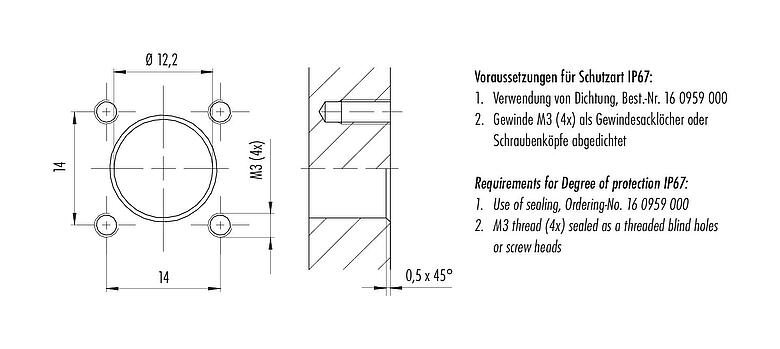 Amostra de montagem M12 Soquete com flange quadrado, Contatos: 4, desprotegido, fios simples, IP40, UL 2238, M3 (4x), Montagem frontal
