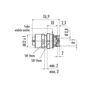 Scale drawing M12 Female panel mount connector, Contacts: 8, shieldable, THT, IP67, UL, M12x1.0, Front mounting