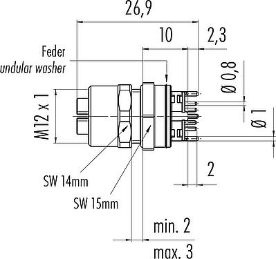 Scale drawing M12 Female panel mount connector, Contacts: 8, shieldable, THT, IP67, UL, M12x1.0, Front mounting