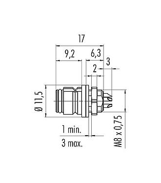 Maßzeichnung Snap-In Flanschdose, Polzahl: 5, ungeschirmt, löten, IP67, UL 2238, M8x0,75, Frontmontage
