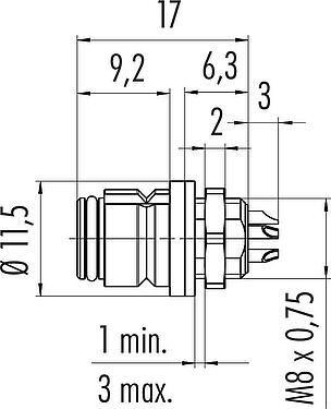Dessin coté Snap-In Embase femelle, Contacts: 8, non blindé, souder, IP67, UL 2238, M8x0,75, Montage frontal