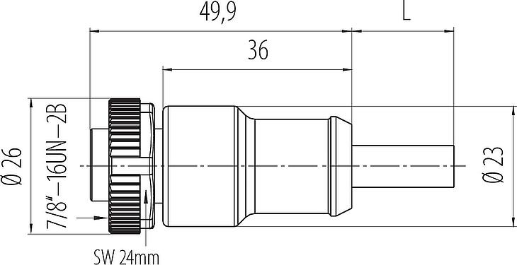 Dessin coté 7/8" Connecteur femelle, Contacts: 4, non blindé, surmoulé sur le câble, IP68, UL 2238, PUR, noir, 4 x 1,50 mm², 5 m
