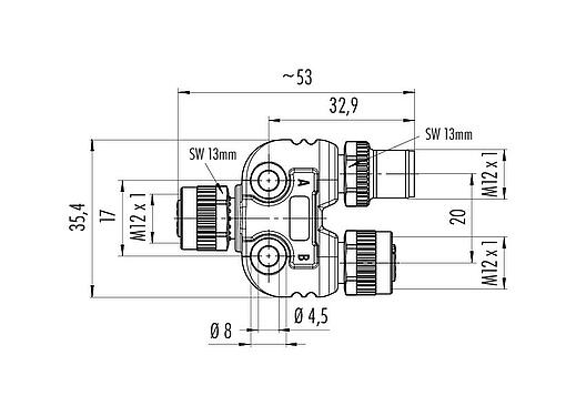 Maßzeichnung M12 Zweifachverteiler, Y-Verteiler, Stecker - 2 Dosen, Polzahl: 4, ungeschirmt, steckbar, IP68, UL 2238