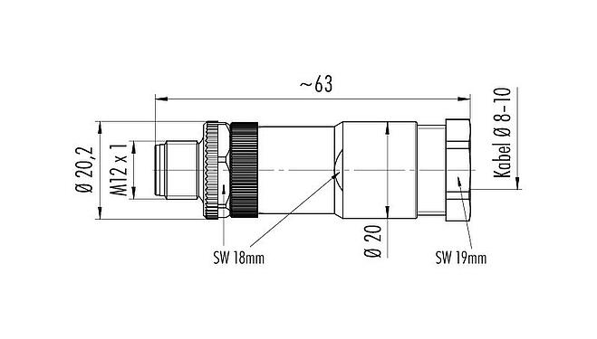 Maßzeichnung M12 Kabelstecker, Polzahl: 5, 8,0-10,0 mm, ungeschirmt, schraubklemm, IP67, UL 2238, VDE, für die Spannungsversorgung (Power)