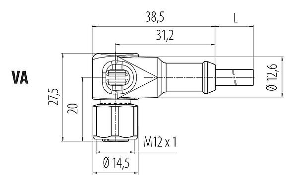 Disegno in scala 77 3834 0000 50004-0200 - M12 Connettore angolare femmin, Numero poli: 4, non schermato, stampato sul cavo, IP69K, UL 2238, PUR, nero, 4 x 0,34 mm², con PNP a LED, Acciaio inox, 2 m