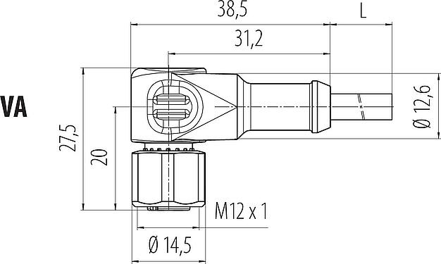 Dibujo a escala M12 Conector hembra en ángulo, Número de contactos: 4, sin blindaje, moldeado en el cable, IP68/IP69K, UL 2238, PVC, gris, 4 x 0,34 mm², Acero inoxidable, 5 m