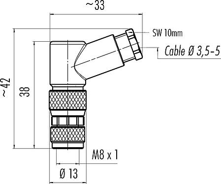 Disegno in scala M8 Connettore angolare femmin, Numero poli: 3, 3,5-5,0 mm, non schermato, morsetto a vite, IP67, UL 2238