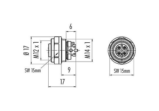 Maßzeichnung M12 Flanschdose, Polzahl: 4, schirmbar, SMT, IP67, M14x1,0, Frontmontage
