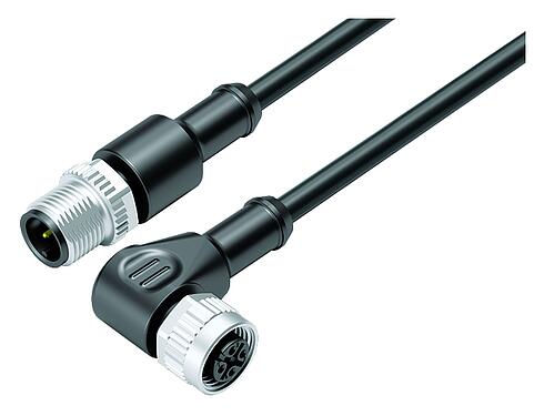 Illustration M12 Connecting cable male cable connector - female angled connector, Contacts: 3, unshielded, moulded on the cable, IP68/IP69K, UL 2238, PUR, black, 3 x 0.34 mm², 1 m