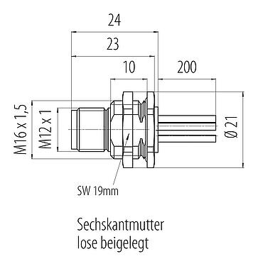 Maßzeichnung M12 Flanschstecker, Polzahl: 5, ungeschirmt, Litzen, IP68, UL 2238, M16x1,5, Rückwandmontage