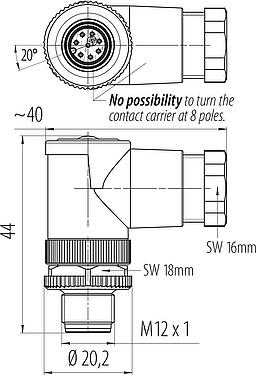 Scale drawing M12 Male angled connector, Contacts: 8, 6.0-8.0 mm, unshielded, screw clamp, IP67, UL 2238