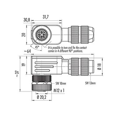 Dibujo a escala M12 Conector hembra en ángulo, Número de contactos: 4, 6,0-8,0 mm, blindable, crimpado (los contactos de crimpado deben pedirse por separado), IP67, UL 2238