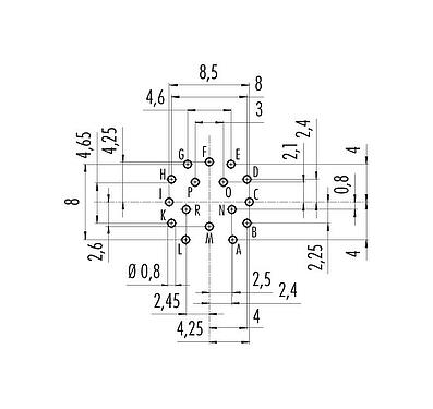 Leiterplattenlayout 09 0508 90 16 - M16 Flanschdose, Polzahl: 16, ungeschirmt, THT, IP67, UL, von vorne verschraubbar