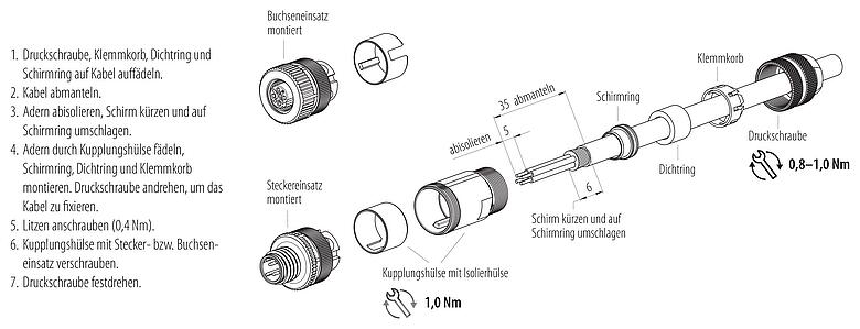 Montageanleitung M12 Kabelstecker, Polzahl: 4, 6,0-8,0 mm, schirmbar, schraubklemm, IP67, UL 2238