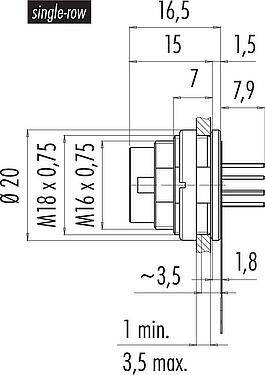 Mittakaavapiirustus M16 Laippapistoke, Napojen määrä: 12 (12-a), suojaamaton, THT, IP67, M18x0,75, Kiinnitys takaseinään