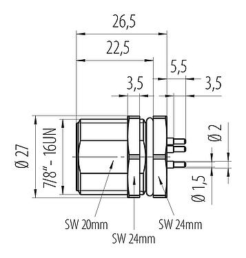Dibujo a escala 7/8" Enchufe de brida, Número de contactos: 2+PE, sin blindaje, THT, IP68, UL 2238, VDE, Montaje en pared