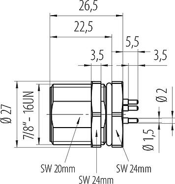 Schaaltekening 7/8" Male panel mount connector, aantal polen: 2+PE, onafgeschermd, THT, IP68, UL 2238, VDE, Achterwandmontage, gegoten