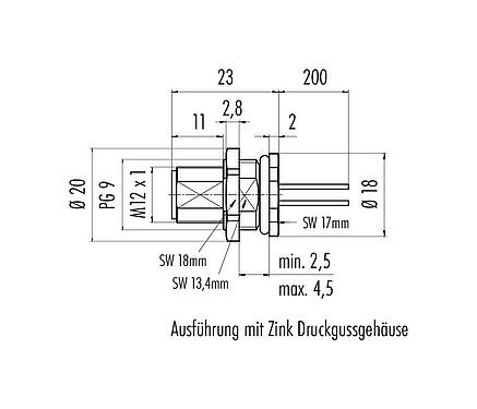 Maßzeichnung M12 Flanschstecker, Polzahl: 5, ungeschirmt, Litzen, IP68, UL 2238, PG 9, Rückwandmontage