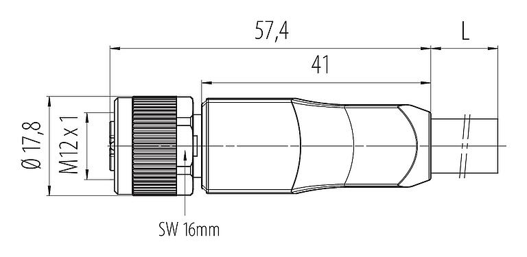 Disegno in scala M12 Connettore cavo femmina, Numero poli: 4+PE, non schermato, stampato sul cavo, IP68, UL 2238, PUR, nero, 5 x 1,50 mm², 5 m