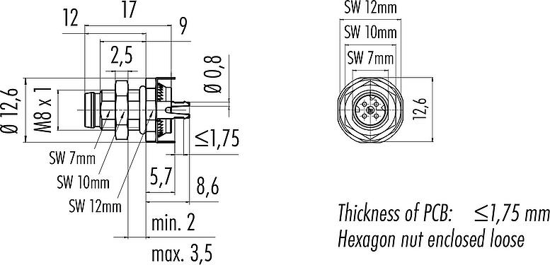 Skalritning M8 Flänsplugg, antal poler: 4, kan skärmas, THT, IP67, M8x1,0, Bakre väggmontering, gjuten