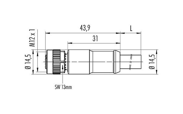 Dessin coté 77 0606 0000 50704-0500 - M12 Connecteur femelle, Contacts: 4, non blindé, surmoulé sur le câble, IP69K, PUR, noir, 4 x 1,50 mm², 5 m