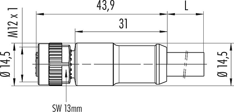 Dessin coté M12 Connecteur femelle, Contacts: 4, non blindé, surmoulé sur le câble, IP68, PUR, noir, 4 x 1,50 mm², 2 m