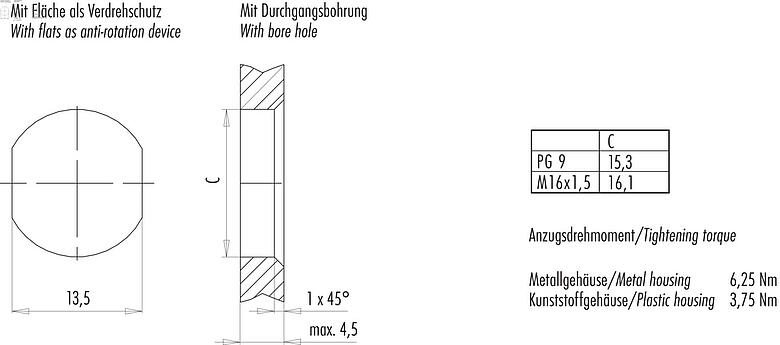 安装说明 M12 孔头法兰座, 极数: 4, 非屏蔽, THT, IP68, UL 2238, M16x1.5, 後壁安裝