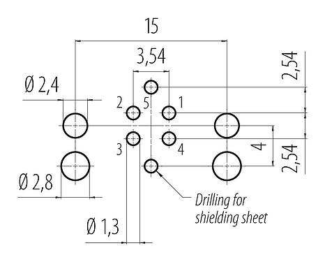 Layout dos condutores 99 3441 601 05 - M12 Bujão flangeado, angular, Contatos: 5, blindável, THR, IP68, UL, para montagem de placas de circuito impresso