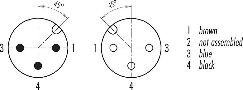 Pólus ábra (csatlakozó oldal) M12 Összekötőkábel kábeldugasz - kábel aljzat, : 3, árnyékolatlan, kábelre öntött, IP67/IP69K, UL 2238, PUR, fekete, 3 x 0,34 mm², 1 m