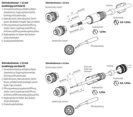 Montageanleitung M12 Kabeldose, Polzahl: 5, 8,0-9,0 mm, schirmbar, Käfigzugfeder, IP67, Irisfeder