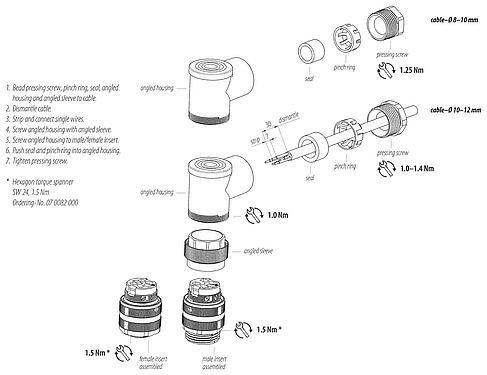 Montagehandleiding 7/8" Male haakse connector, aantal polen: 4+PE, 8,0-10,0 mm, onafgeschermd, schroefklem, IP67, UL 2238, VDE