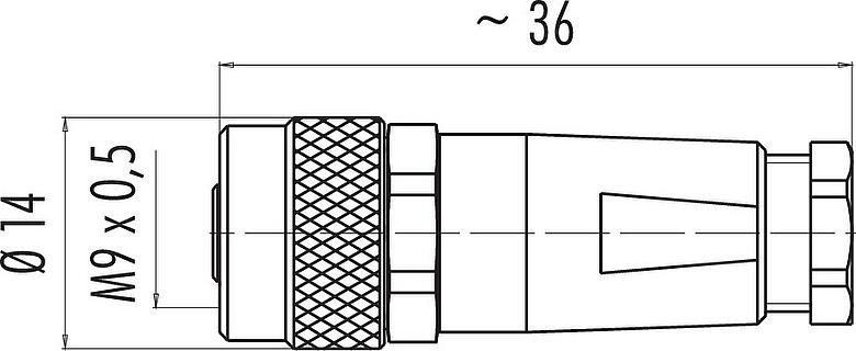 Dessin coté M9 Connecteur femelle, Contacts: 5, 3,5-5,0 mm, blindable, souder, IP67, avec manchette de protection