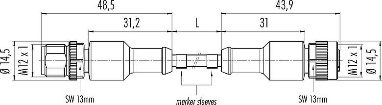 Schaaltekening M12 Verbindingskabel kabelstekker - kabeldoos, aantal polen: 5, onafgeschermd, aan de kabel aangegoten, IP67/IP69K, UL 2238, PUR, zwart, 5 x 0,34 mm², 2 m