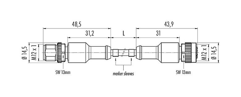Scale drawing M12 Connecting cable male cable connector - female cable connector, Contacts: 3, unshielded, moulded on the cable, IP67/IP69K, UL 2238, PUR, black, 3 x 0.34 mm², 1 m