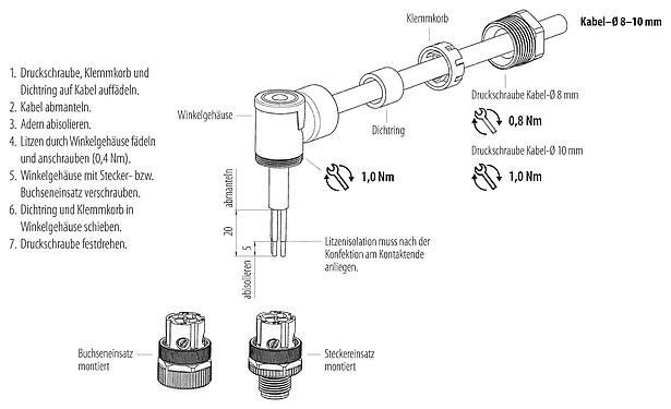 Montageanleitung M12 Winkelstecker, Polzahl: 3+PE, 8,0-10,0 mm, ungeschirmt, schraubklemm, IP67, UL 2238, VDE