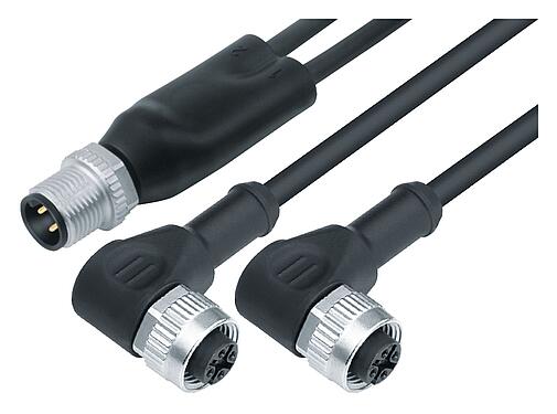 Illustratie 77 9829 3434 50003-0200 - M12/M12,M12 Kabelsplitter male - 2 female haakse connector, aantal polen: 4/3, onafgeschermd, aan de kabel aangegoten, IP68, UL 2238, PUR, zwart, 3 x 0,34 mm², 2 m