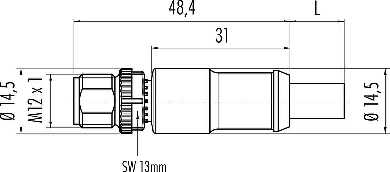 Maßzeichnung M12 Kabelstecker, Polzahl: 5, geschirmt, am Kabel angespritzt, IP68, UL 2238, CAN-Bus, PUR, violett, 1 x 2 x AWG 22 + 1 x 2 x AWG 24, 2 m