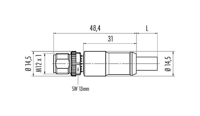 Scale drawing 77 2529 0000 50705-1000 - M12 Male cable connector, Contacts: 5, shielded, moulded on the cable, IP67, UL, CAN-Bus, PUR, violet, 1 x 2 x AWG 22 + 1 x 2 x AWG 24, 10 m