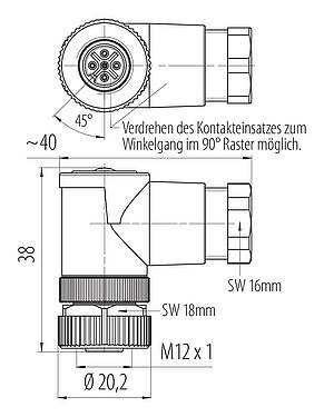 Maßzeichnung M12 Winkeldose, Polzahl: 5, 6,0-8,0 mm, ungeschirmt, schraubklemm, IP67, UL 2238, PG 9