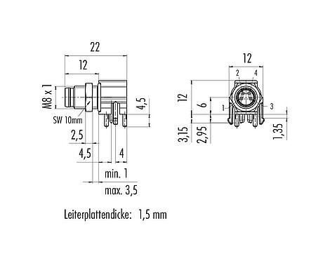 Maßzeichnung M8 Flanschstecker, gewinkelt, Polzahl: 4, ungeschirmt, THR, IP67, UL 2238, Rückwandmontage