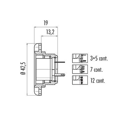 Scale drawing M25 Female panel mount connector, Contacts: 7, shieldable, solder, IP40, Front mounting