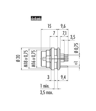 Schaaltekening M16 Male panel mount connector, aantal polen: 8 (08-a), schermbaar, THT, IP68, UL 2238, AISG compliant, M18x0,75, Achterwandmontage