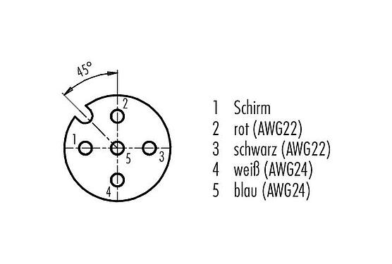 Polbild (Steckseite) M12 Kabeldose, Polzahl: 5, geschirmt, am Kabel angespritzt, IP68, UL 2238, CAN-Bus, PUR, violett, 1 x 2 x AWG 22 + 1 x 2 x AWG 24, 10 m