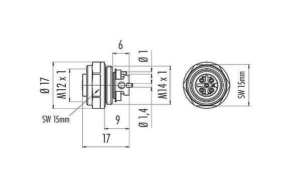 Maßzeichnung M12 Flanschdose, Polzahl: 5, ungeschirmt, SMT, IP67, M14x1,0, Frontmontage