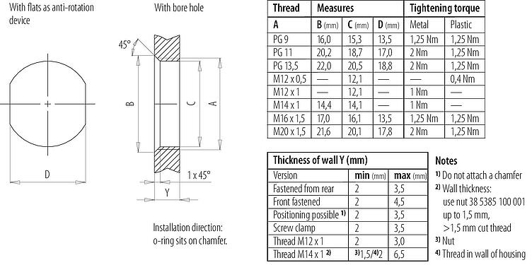 Instructions de montage / Découpe du panneau M12 Embase mâle, Contacts: 4, non blindé, pince à visser, IP67, UL 2238, M20x1,5, Montage frontal, pour l'alimentation électrique