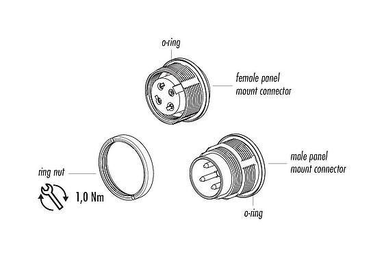 Component part drawing M16 Female panel mount connector, Contacts: 5 (05-b), unshielded, solder, IP67, UL 2238, M18x0,75, Rear mounting