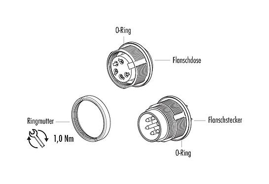 Einzelteildarstellung M16 Flanschstecker, Polzahl: 4 (04-a), ungeschirmt, THT, IP67, UL 2238, M18x0,75, Rückwandmontage