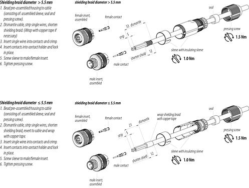 Montagehandleiding M12 Kabeldoos, aantal polen: 4, 5,0-8,0 mm, schermbaar, krimpen (krimpcontacten dienen afzonderlijk te worden besteld), IP67, UL 2238