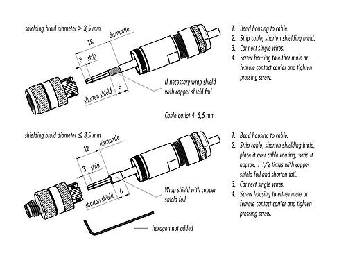 Montagehandleiding M8 Kabelstekker, aantal polen: 4, 4,0-5,5 mm, schermbaar, schroefklem, IP67, irisveer