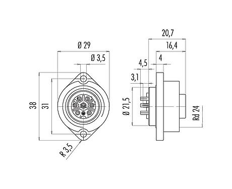 Scale drawing 09 4228 00 07 - RD24 Female panel mount connector, Contacts: 6+PE, unshielded, solder, IP67, UL, ESTI+, VDE